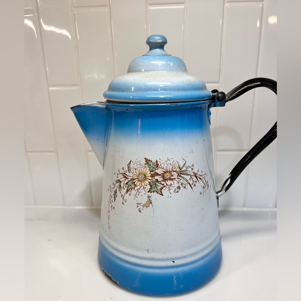 Antique Blue and White Enamelware Coffee Pot Flowers Stewart W Virginia
